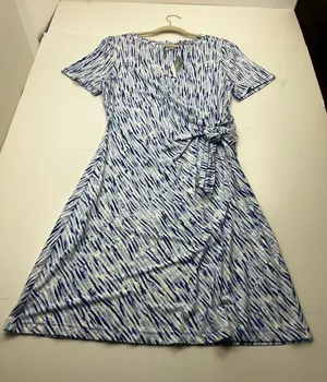 Chico’s 2 US 12 / 14 Short Dress Side Tie Infinite Lines Light Azure Blue NEW thumbnail 1