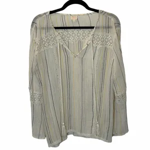 Surf Gypsy Boho Gauze Stripe Bell Sleeve Blouse Crochet Tassel V-Neck Top Small thumbnail 3