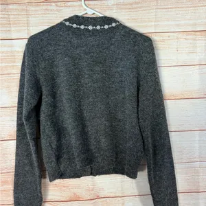 Maeve Dark Gray Crewneck Cardigan with Silver Sequin Trim thumbnail 3