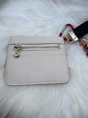 Beige Faux Leather Card Holder Wallet w/ Wristlet Strap & Charm Keychain thumbnail 6