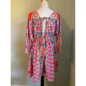 Boho Paisley V-Neck Open Back Mini Dress Red Pink Blue Long Sleeve L colorful y2 thumbnail 5