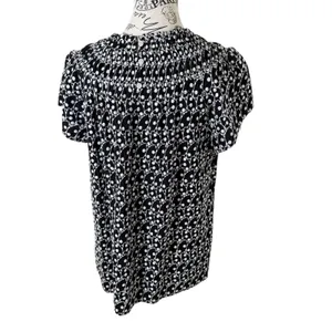 Loft Women's Petite Blouse Black White Size L Polka Dot Boat Neck Short Sleeve Casual thumbnail 3