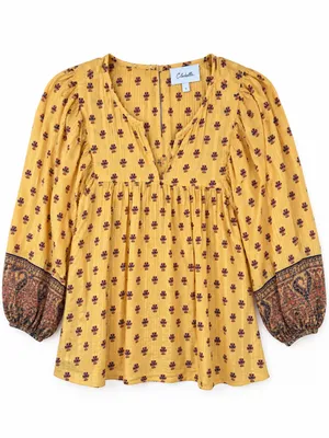 Cleobella Boho Floral Peasant Blouse Babydoll Tunic Organic Cotton Yellow Size L thumbnail 2