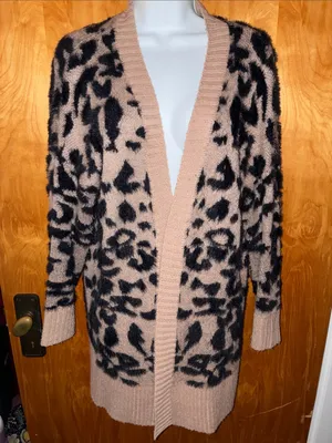 debut Tan and Black Fuzzy Leopard Print Long Open Front Cardigan - Size S thumbnail 7
