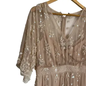 Mac Duggal Blush Pink V Neck Flounce Sleeve Embellished Mesh Gown Size 8 thumbnail 6