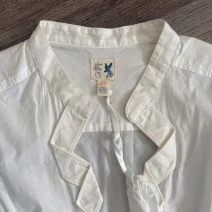Anthro Cream Ruffled Mandarin Collar Blouse Modern button down Casual Top thumbnail 3