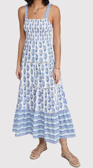 Playa Lucila Maxi Dress Blue Smock Border Tiered Sleeveless Sundress Boho Large thumbnail 1