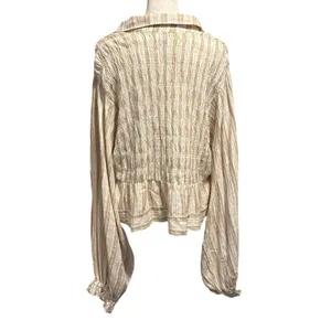 By Anthropologie Size M Balloon Sleeve Scoop Neck Collared Blouse Neutral Stripe thumbnail 5
