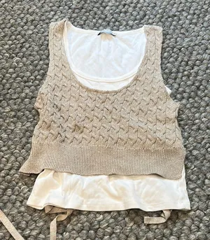 Zara Double Layered White Creme Knit Tie Blouse Size Medium thumbnail 1