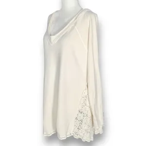 Free People No Frills Pullover Top Cream Lace Insert Vneck Sweatshirt‎ Small thumbnail 4