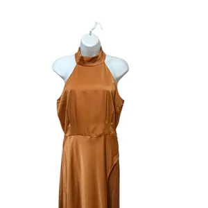 WAYF Women Copper Satin Halter Maxi Dress High Slit Button Detail Size‎ S thumbnail 3