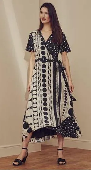 NWT Long Tall Sally Mix Spot Print Wrap Black/Ivory Polka Dot Maxi Dress Size 14 thumbnail 1