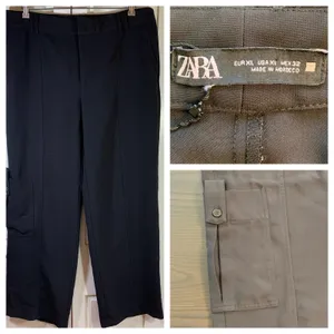 ZARA‎ Women Cargo Pants Black XL Wide Leg Utility Pocket High Waisted thumbnail 15