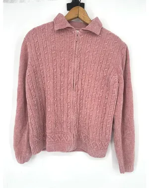 Alfred Dunner Zip Up Sweater Women S Pink Cable Knit Chenille Soft Cozy‎ Casual thumbnail 1