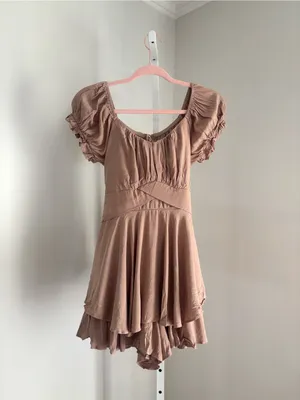 Altar'd State Taupe Haisley Double Layered Romper Mini Puff-Sleeve Tiered Size L thumbnail 2