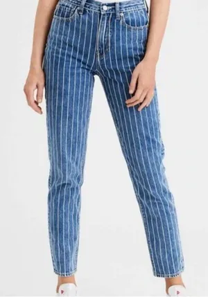 American Eagle Blue Pinstripe High Rise Straight Leg Mom Jeans Women’s Size 4 thumbnail 1