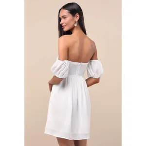 NWT Lulus My Dream Date White Off-the-Shoulder Mini Dress Babydoll Party Size L thumbnail 3