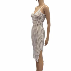 Aquavita White Open Mesh Net Midi Slit Coverup Dress Womens Small thumbnail 2