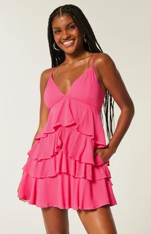 Hollister V-Neck Ruffle Tiered Mini Dress Lace Up Corset Back Hot Pink Medium thumbnail 1
