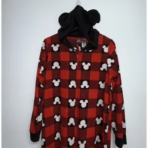 Disney Mickey Mouse One Piece Pajamas Womens Medium Hooded Ears Red Black Fleece thumbnail 2