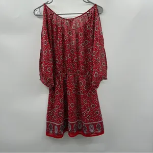 Forever 21 Red‎ & White Paisley Print Cold Shoulder 3/4 Sleeve Mini Dress Sz S thumbnail 2