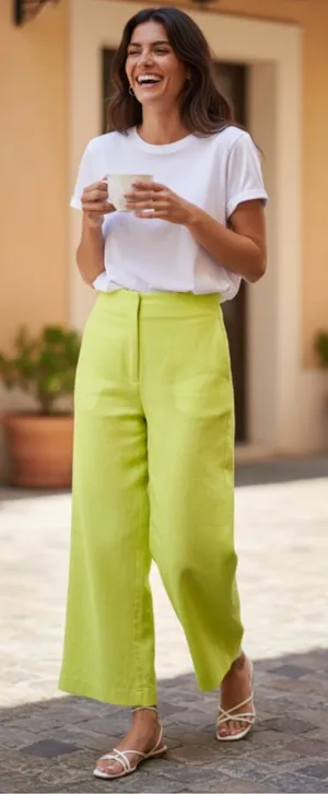 NWT ZARA Lime Green Cotton / Linen Blend Wide Leg Trouser Bloggers Fav XS thumbnail 1