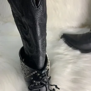 Handmade Womens Black Studded Leather Metal Buckle Removable Boot Band One Size thumbnail 6