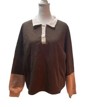 NWT Brown with Tan & Cream Long Sleeve Collar Pullover Sweatshirt Small thumbnail 1