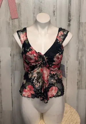 Rebellious Dreamer Floral Lace Tie Front Sleeveless Top Medium Sheer Black Pink thumbnail 1