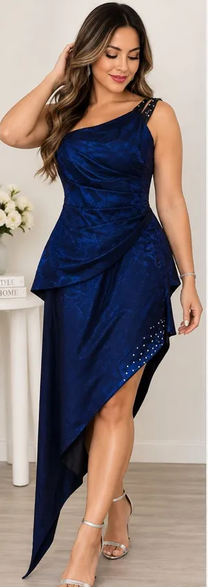 Elegant One-Shoulder Navy Asymmetrical Dress thumbnail 1
