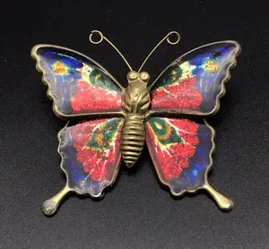 Vintage Gold Tone Butterfly Brooch Pin Colorful Foil Resin Wings 1.25” thumbnail 1