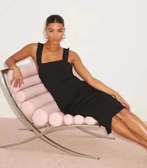 LULU’S Persuasion Black Ruffled Bodycon Midi Dress thumbnail 1