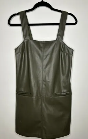 Green Faux Leather Front Pocket Mini Shift Dress Layering thumbnail 3
