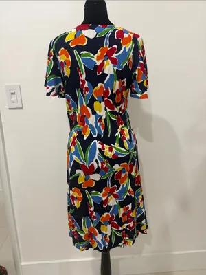 Ralph Lauren Floral Wrap-Style Navy Dress with Fluted Sleeves thumbnail 2