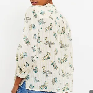 LOFT Floral Bouquet Ruffle Neck Button‎ Front Cotton Blouse Large Peasant Boho thumbnail 6