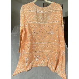 Soft Surroundings Womens Tunic Top Large Orange Sequin Long Sleeve‎ Lightweight thumbnail 2