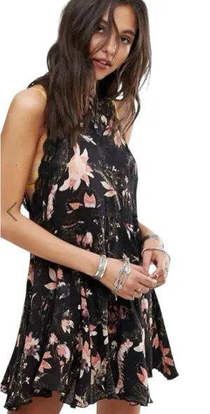 Free People Floral‎ Printed She Moves Tie Back Lace Mini Dress XS thumbnail 1