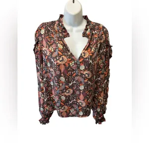 Evereve Clara Floral Paisley Long Sleeve V Neck Blouse/Top M Ruffle Trim Career thumbnail 2