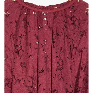 Free People Lace Blouse Womens Medium Burgundy Excellent Smocked Ruffle Keyhole thumbnail 3