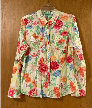 Izod Womens Floral Snap Front Long Sleeve Cotton Shirt Tropical Multi Color LG thumbnail 1