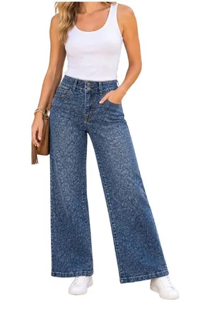 Curve Appeal Jeans Womens Size 4 High Rise Wide Leg Leopard Print Cotton NWT thumbnail 1