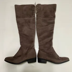 Women’s Brown Taupe Faux Suede Knee High Boots Size 8.5 Lace Up Side Zip Low Heel thumbnail 1