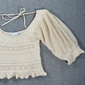 Lucy Paris Knit Puff Sleeve Blouse Women's XS Beige Ruffle Hem Tie Back Boho thumbnail 3