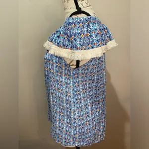 ROBERTA ROLLER RABBIT Lucia Fringe Off Shoulder‎ Top Blue Tile Print sz S thumbnail 6