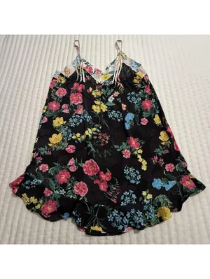 Betsey Johnson Chemise Slip Nightie L Large Black Multi Color Floral Ruffle Hem thumbnail 9