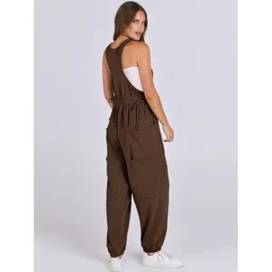 Anrabess Brown Sleeveless Cargo Pocket Jumpsuit XL Cross Back Jogger Hem Romper thumbnail 2