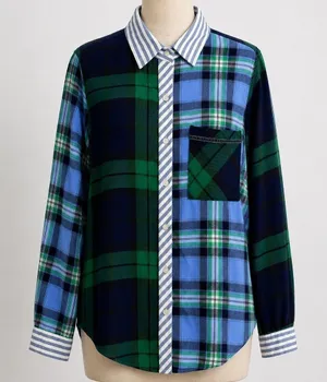 Aerie Flannel Mixed Plaid Button Down Shirt Medium Blue Green Colorblock Preppy thumbnail 1