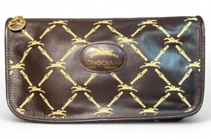 Vintage Longchamp Paris Equestrian Horse Chain Print Leather Crossbody Brown thumbnail 1