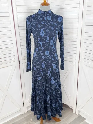 Loft Floral Snowflake Mock Neck Long Sleeve Maxi Dress Blue XS Winter Chic Boho thumbnail 2