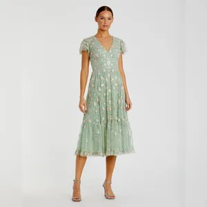 Mac Duggal 35104 Green Multicolor Embroidered V Neck Cap Sleeve Midi Dress thumbnail 3
